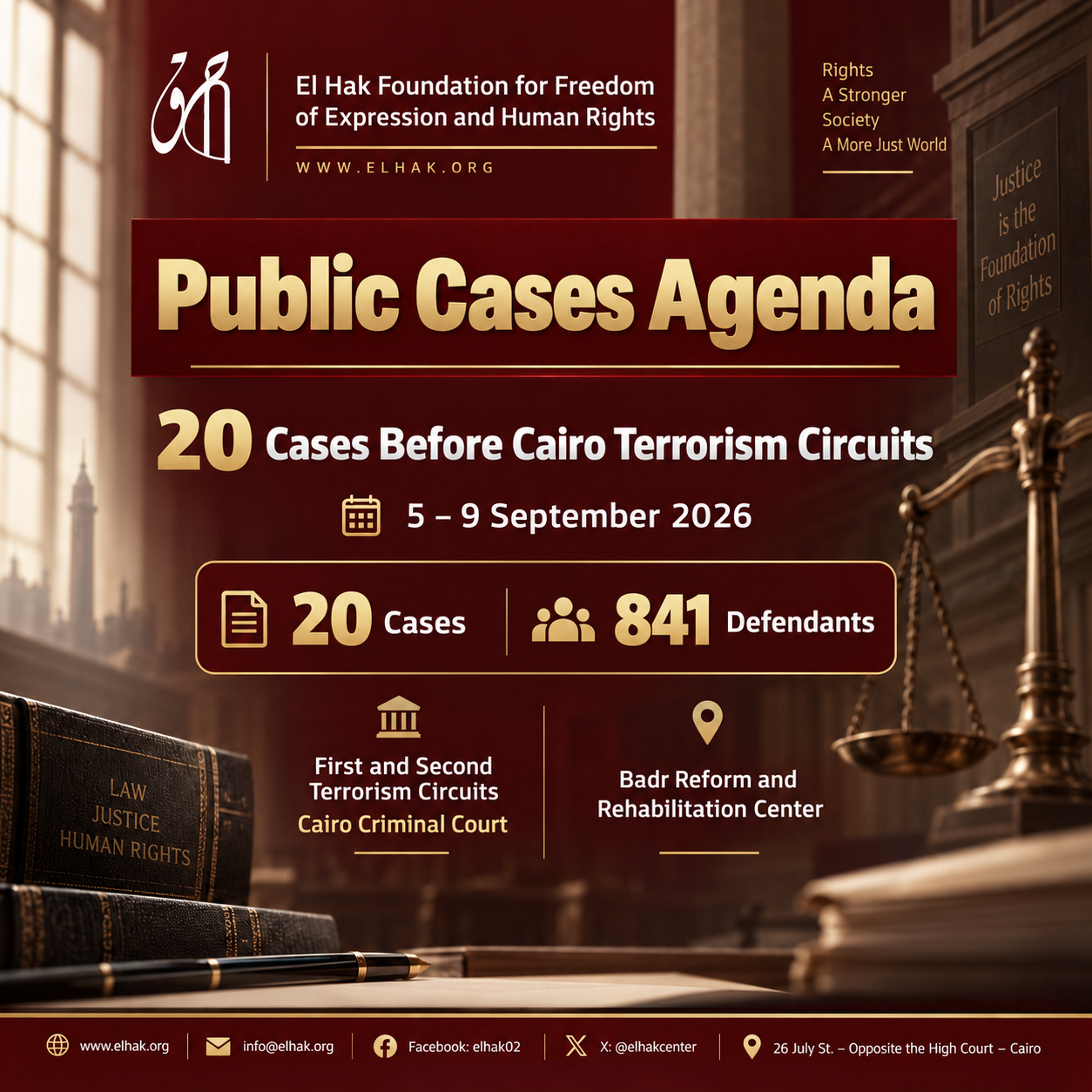 Judicial Agenda | 20 Cases Before Cairo Terrorism Circuits, 5–9 September 2026